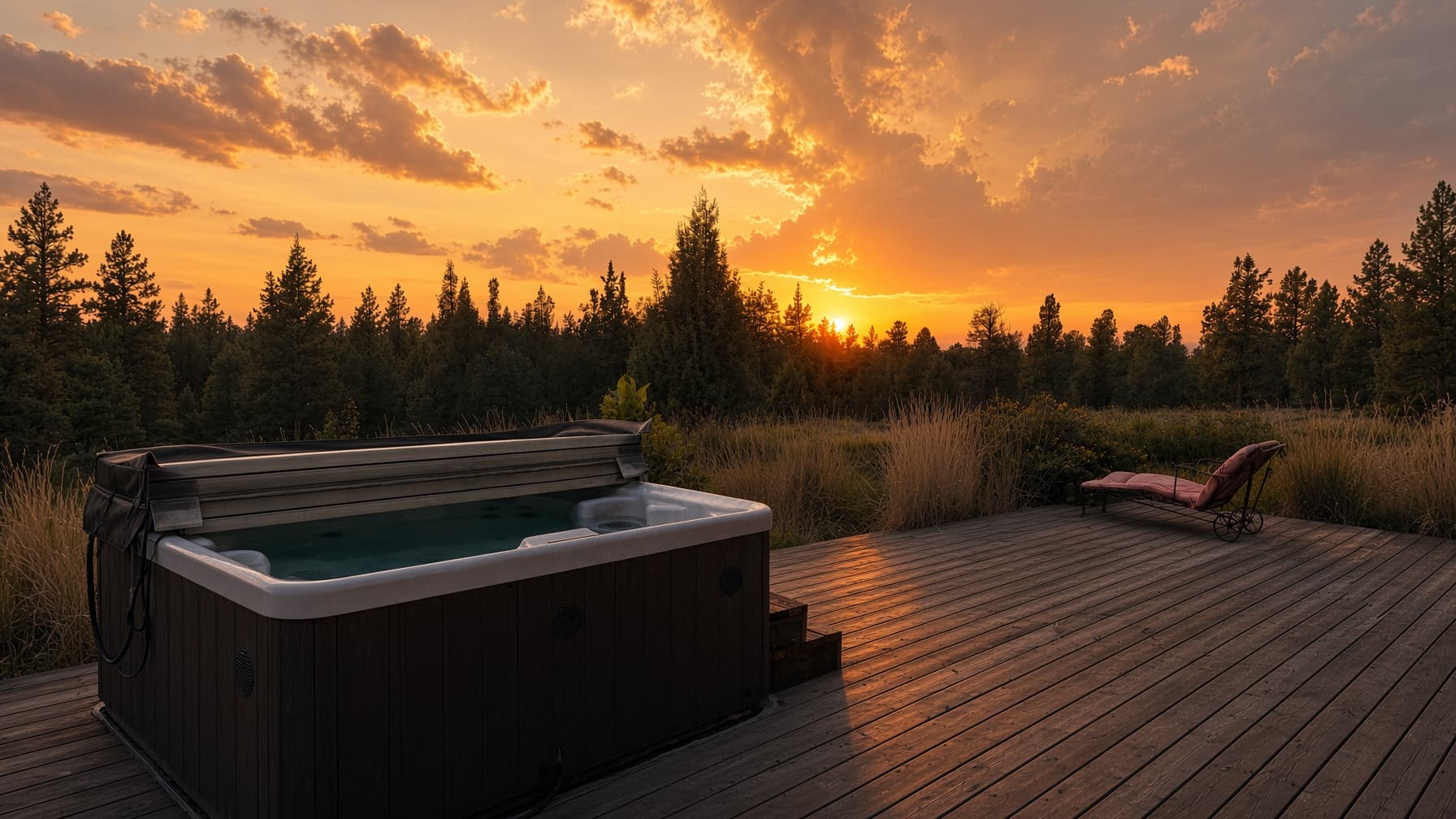 Hot tub on the wooden deck at The Chief's Cabin — the soak after a Hoodoo night.