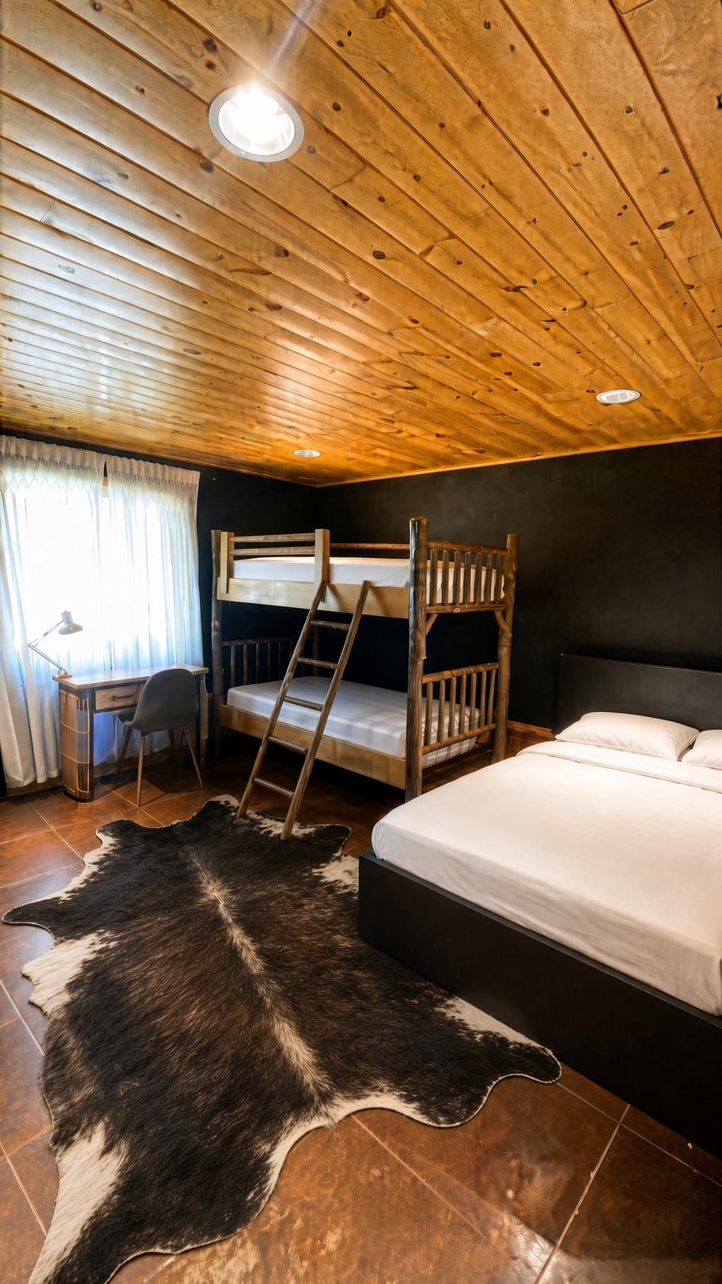 Kids room at The Chief's Cabin with a log bunk bed, a full-size bed, and a desk by the window.
